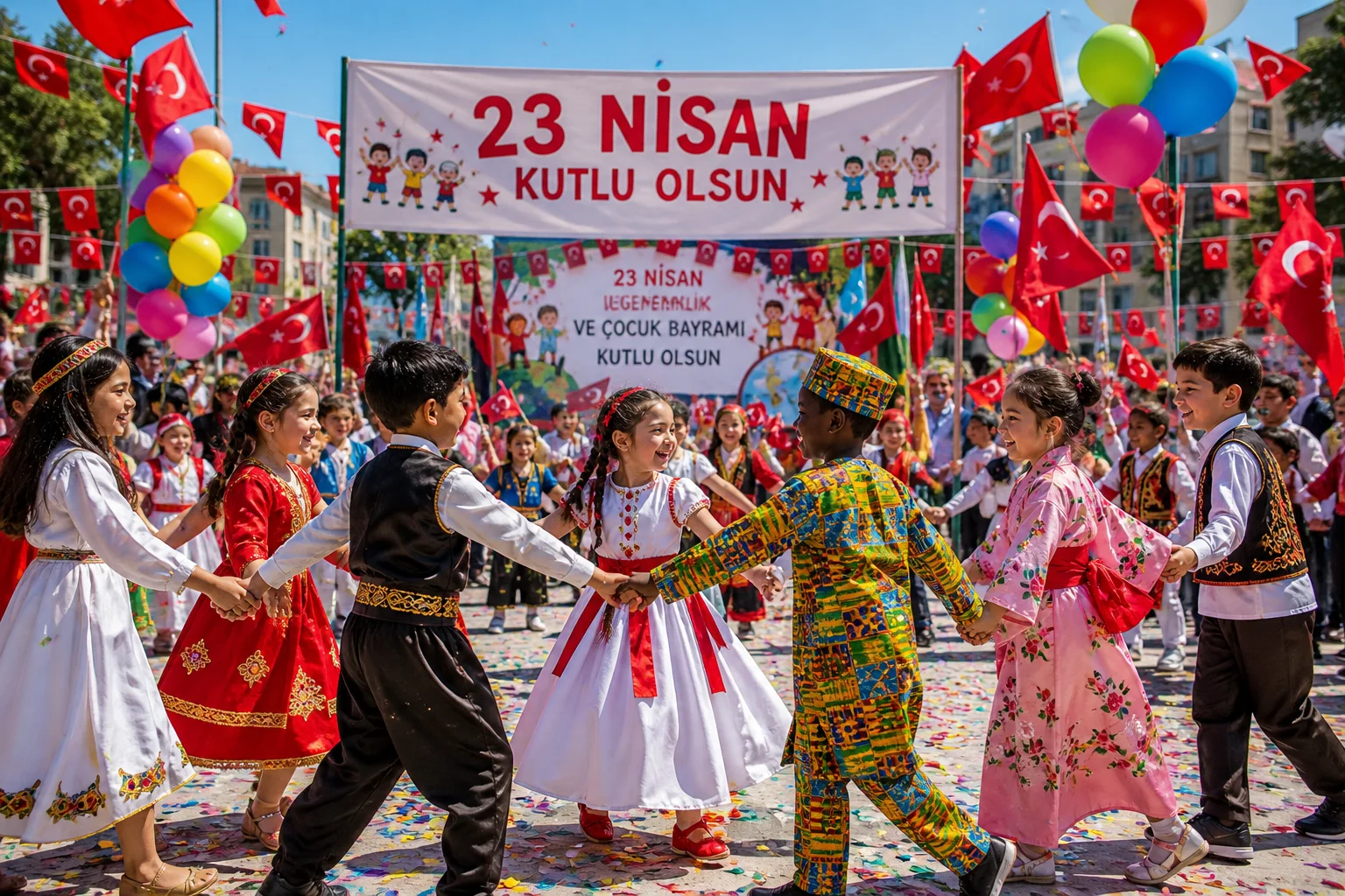 23 Nisan Ulusal Egemenlik ve Çocuk Bayramı Görseli | Neşeli Kutlama Sahnesi